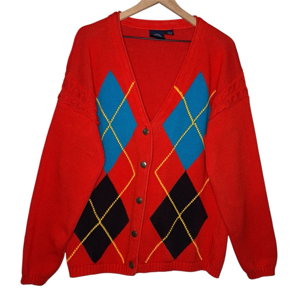 Vintage‎ Academia Nerdcore Argyle Cable Knit Button Up Cardigan Sweater Roger’s